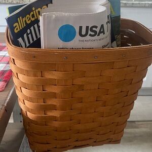 All purpose basket w/leather loop & also wall hook. Incl plastic protector liner
